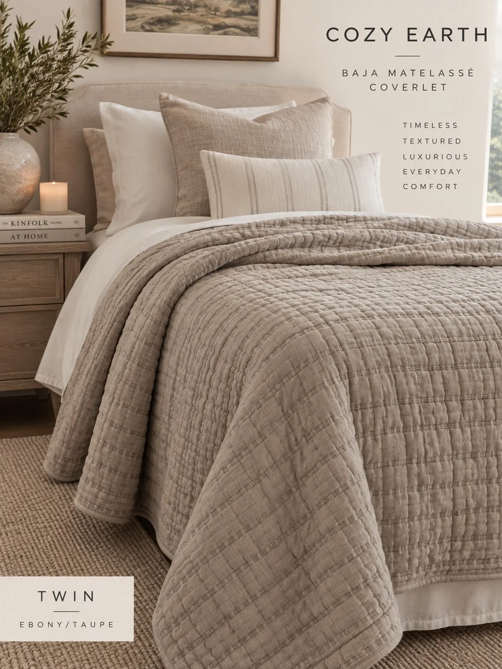 Cozy Earth Baja Matelasse Coverlet Twin Ebony Taupe NWT Luxury Bedding